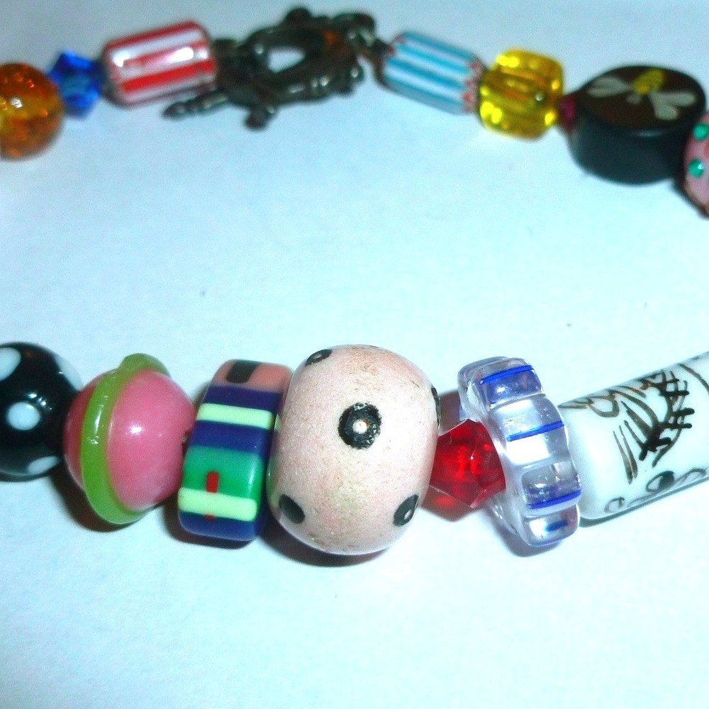 Vintage Artisan Lampwork Glass Bead Bracelet Venetian Millefiori Bee Toggle 7.5"